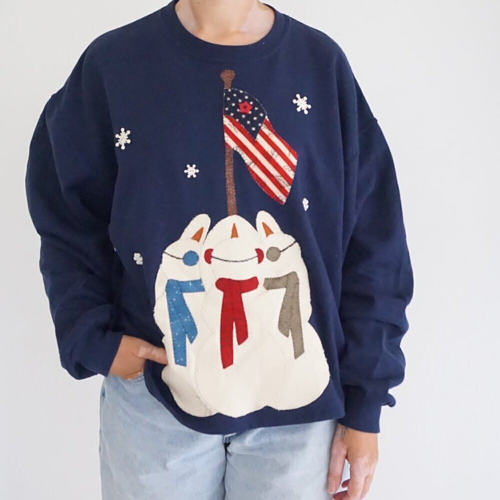 Vintage Jerzees Blue Sweater Snowman Flag Cotton Holiday Festive Snowflakes L